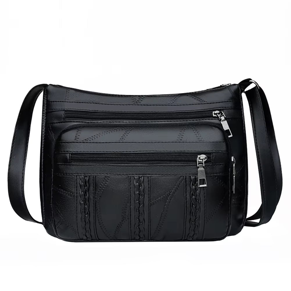 Women's High-Quality Soft PU Leather Multi-Pocket Shoulder Bag - Black Business Crossbody Messenger Bag