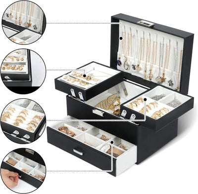 Women's Jewelry Organizer Box - 3-Layer Storage Solution for Earrings, Rings, Necklaces, and Bracelets (Black)