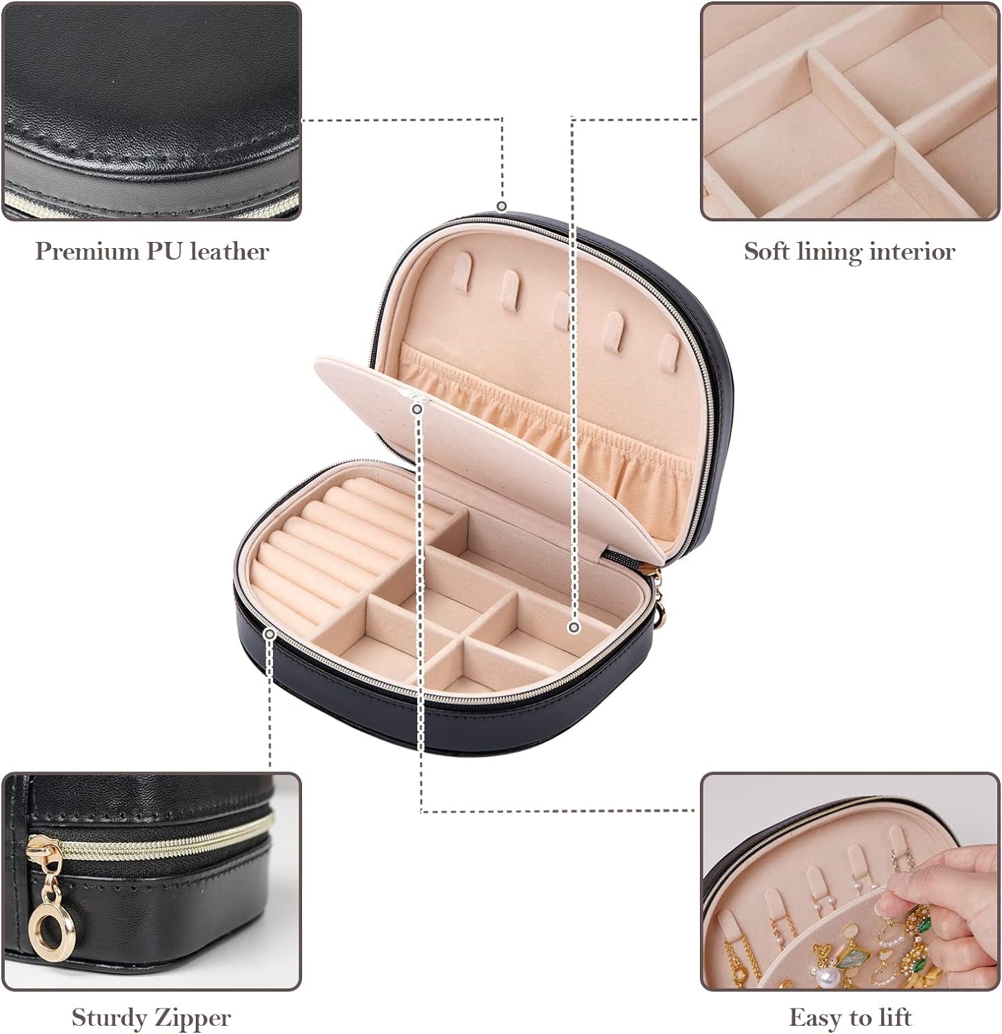 Medium Portable Seashell-Shaped Jewelry Organizer, 2-Layer Travel Jewelry Box in PU Leather for Women - Black