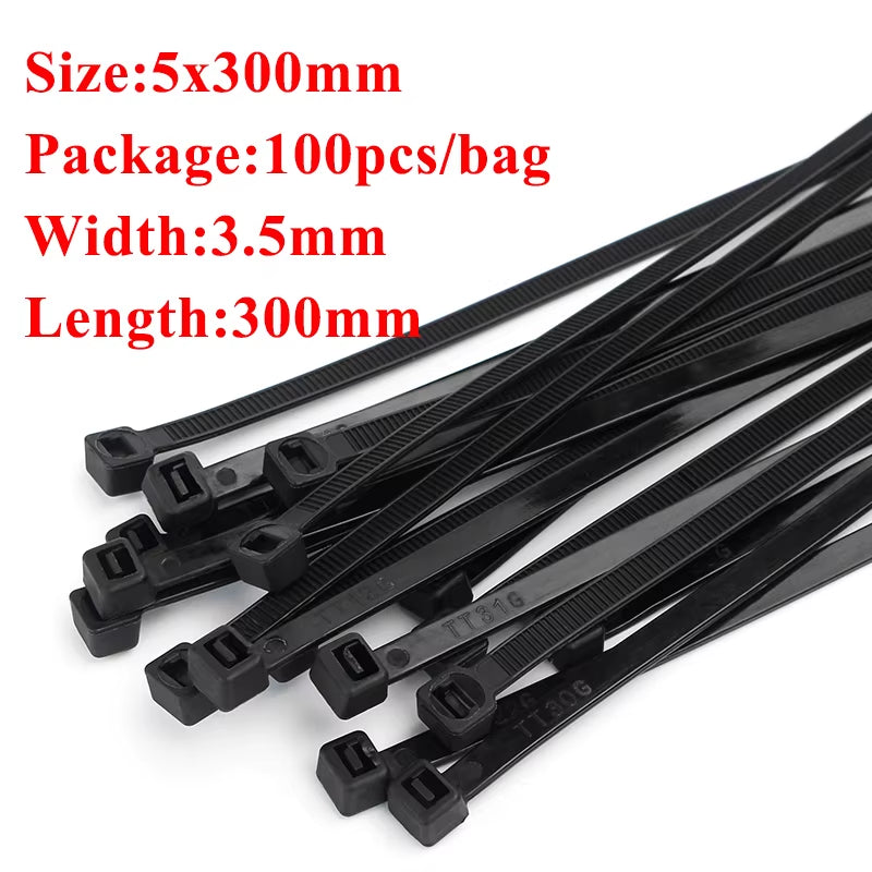 Self-Locking Nylon Cable Ties - 100 Pack, Black Zip Wraps for Secure Fastening and Wire Management