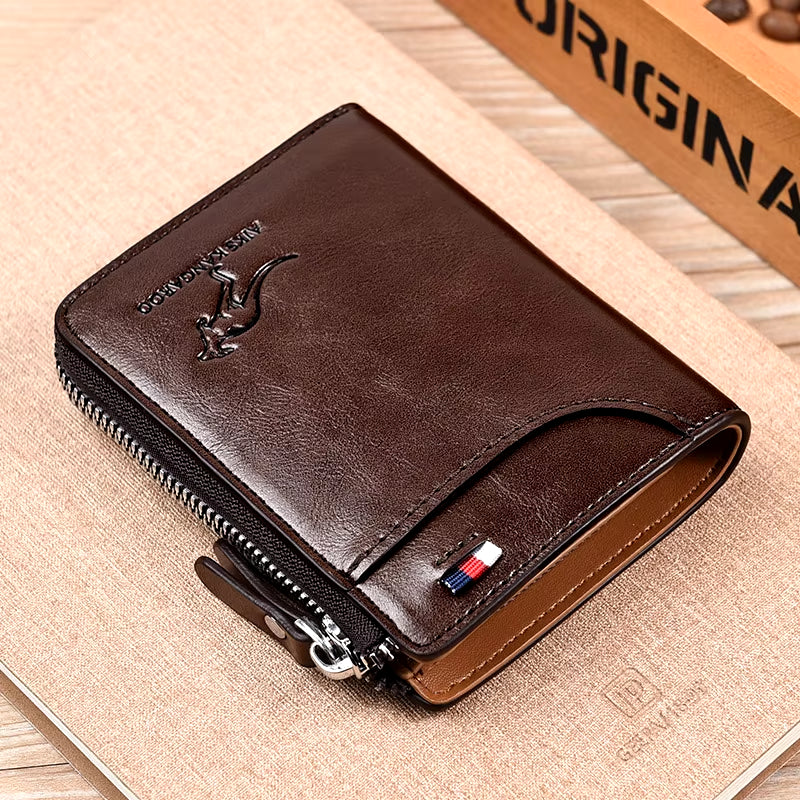 Men's Leather Wallet with RFID Protection - Luxury Business Card Holder and Zipper Purse