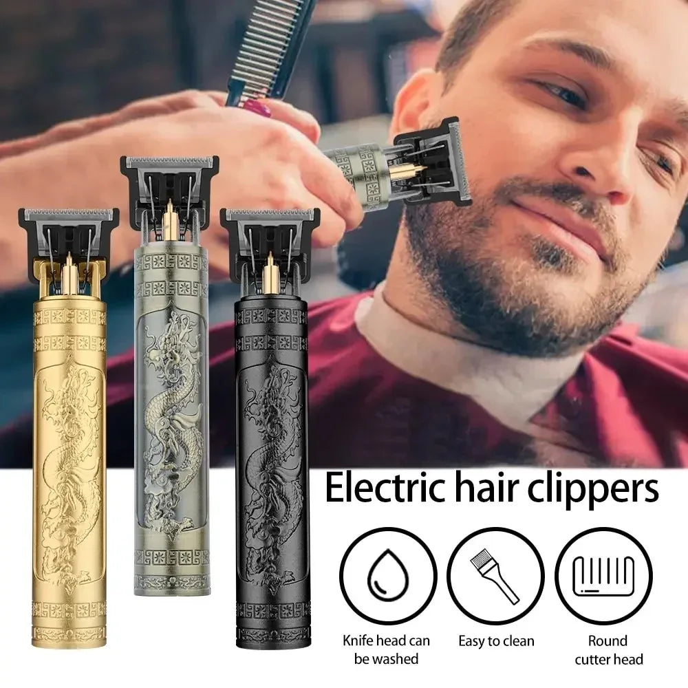 Vintage T9 Rechargeable Electric Hair Clipper for Men - Professional Barber Trimmer with Dragon Buddha Design