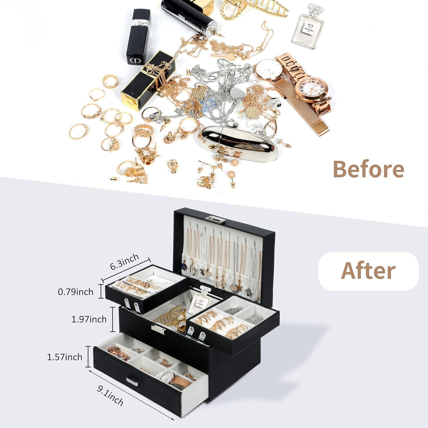 Women's Jewelry Organizer Box - 3-Layer Storage Solution for Earrings, Rings, Necklaces, and Bracelets (Black)