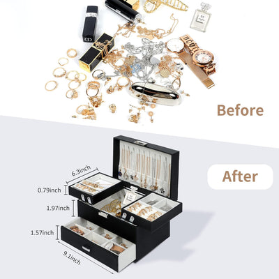 Women's Jewelry Organizer Box - 3-Layer Storage Solution for Earrings, Rings, Necklaces, and Bracelets (Black)