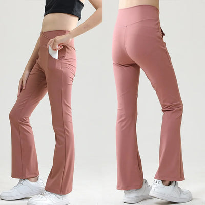 Girls' Cross Waist Flare Leggings - Black Bell Bottoms with Pockets for Dance, Yoga, and Running (Ages 10-12)