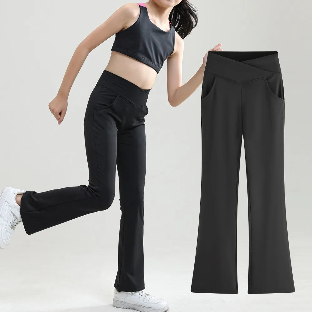 Girls' Cross Waist Flare Leggings - Black Bell Bottoms with Pockets for Dance, Yoga, and Running (Ages 10-12)