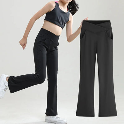 Girls' Cross Waist Flare Leggings - Black Bell Bottoms with Pockets for Dance, Yoga, and Running (Ages 10-12)