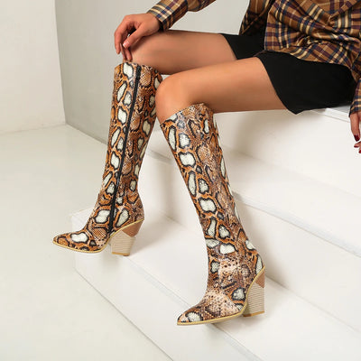 Black Pink Blue Knee High Boots Western Cowboy Boots for Women Long Winter Boots Pointed Toe Cowgirl Wedges Motorcycle Boots