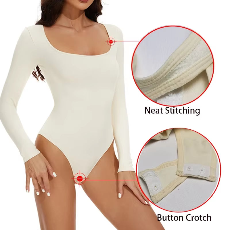GUUDIA Women's Spandex Elastic Body Suit Shapewear with Tummy Control, Long Sleeve, Open Crotch, Big U Neck, Seamless Design