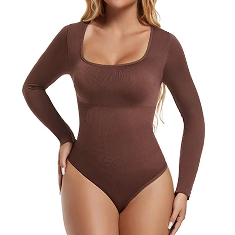 GUUDIA Women's Spandex Elastic Body Suit Shapewear with Tummy Control, Long Sleeve, Open Crotch, Big U Neck, Seamless Design