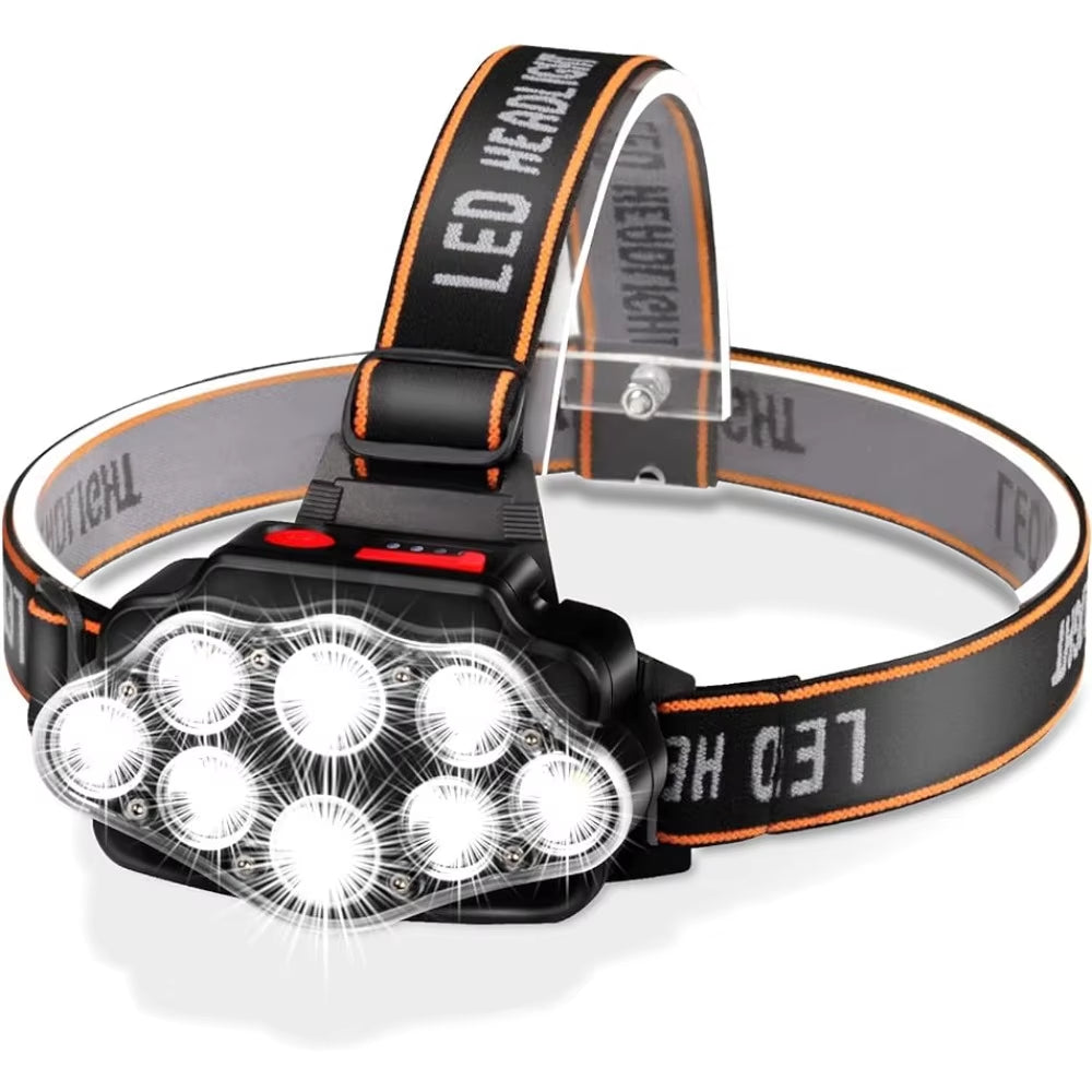 High Lumen USB Rechargeable LED Headlamp with 8 LEDs, IPX4 Waterproof, Ideal for Camping and Outdoor Activities