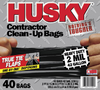 Husky heavy duty 42-gallon contractor bags, 40 count, 2 mil thickness, tear and puncture resistant.