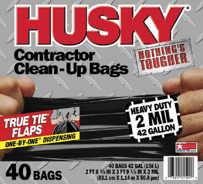Husky heavy duty 42-gallon contractor bags, 40 count, 2 mil thickness, tear and puncture resistant.