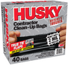 Husky heavy duty 42-gallon contractor bags, 40 count, 2 mil thickness, tear and puncture resistant.