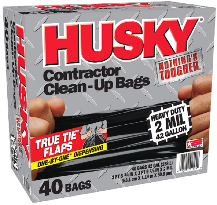 Husky heavy duty 42-gallon contractor bags, 40 count, 2 mil thickness, tear and puncture resistant.