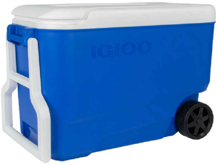 Igloo 38 quart wheeled hard-sided cooler in blue with tow handle and durable wheels for easy transport.