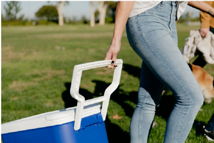 Igloo 38 quart wheeled hard-sided cooler in blue with tow handle and durable wheels for easy transport.
