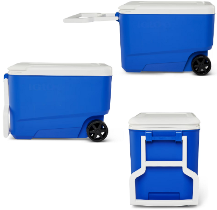Igloo 38 quart wheeled hard-sided cooler in blue with tow handle and durable wheels for easy transport.