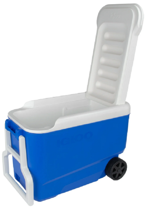 Igloo 38 quart wheeled hard-sided cooler in blue with tow handle and durable wheels for easy transport.