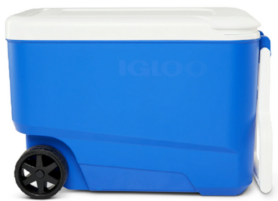 Igloo 38 quart wheeled hard-sided cooler in blue with tow handle and durable wheels for easy transport.