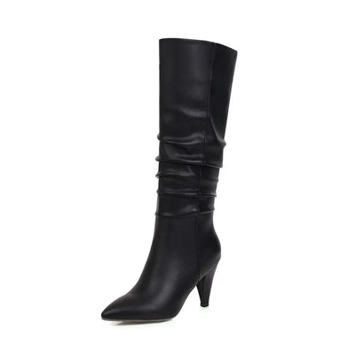 Knee High Boots for Women Folds Western Cowboy Long Boots Female Winter Boots Pointed Toe Heels Cowgirl Boots Woman Suede
