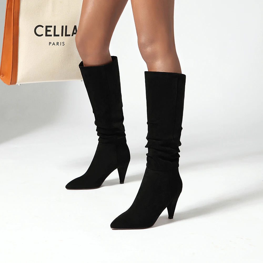 Knee High Boots for Women Folds Western Cowboy Long Boots Female Winter Boots Pointed Toe Heels Cowgirl Boots Woman Suede