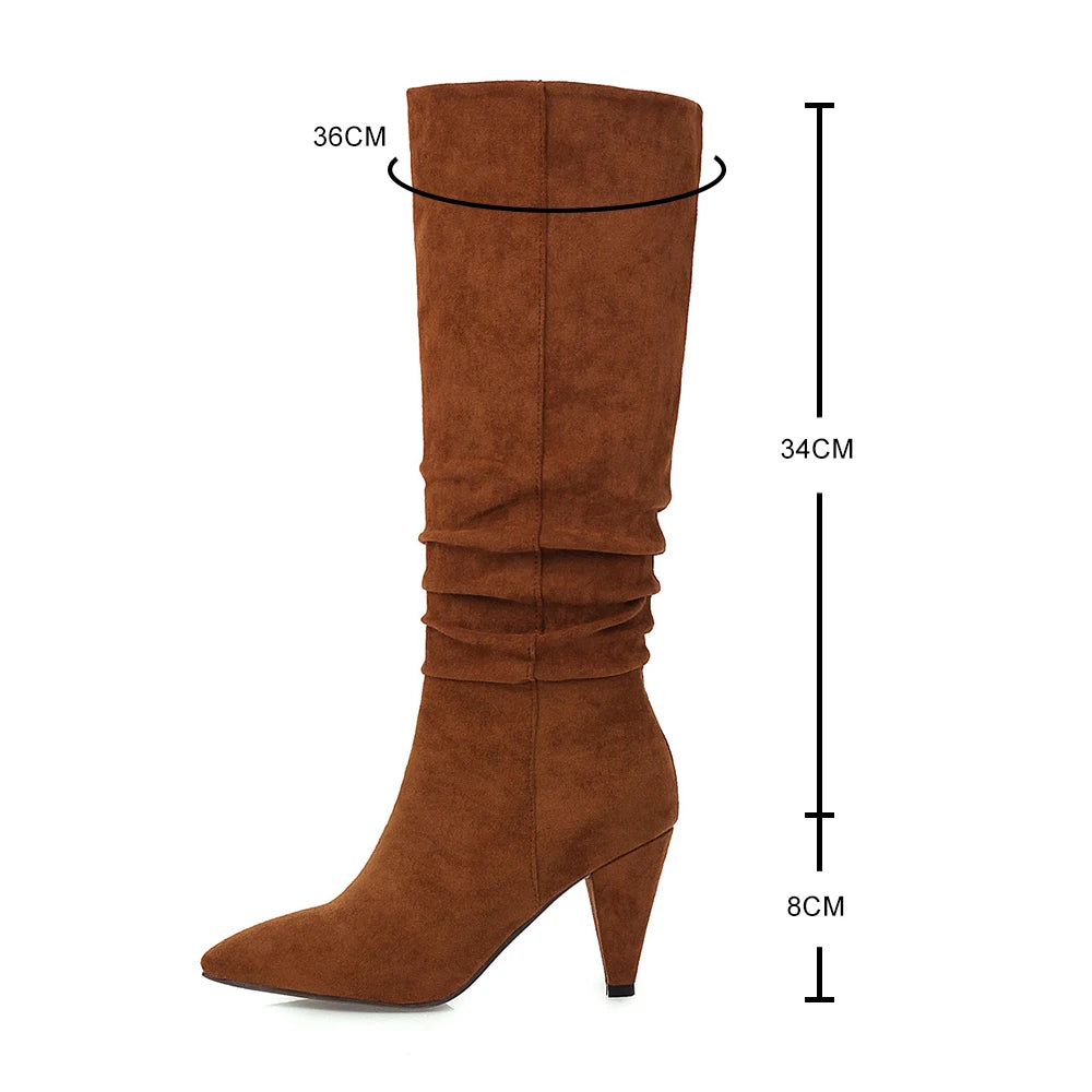 Knee High Boots for Women Folds Western Cowboy Long Boots Female Winter Boots Pointed Toe Heels Cowgirl Boots Woman Suede