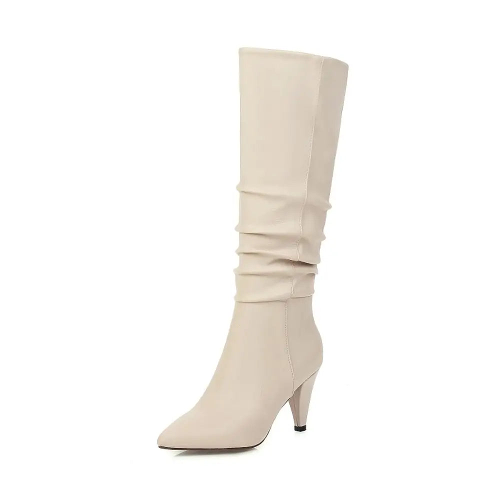 Knee High Boots for Women Folds Western Cowboy Long Boots Female Winter Boots Pointed Toe Heels Cowgirl Boots Woman Suede