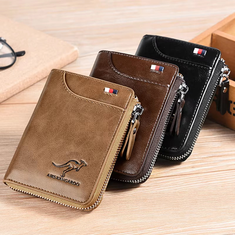 Men's Leather Wallet with RFID Protection - Luxury Business Card Holder and Zipper Purse