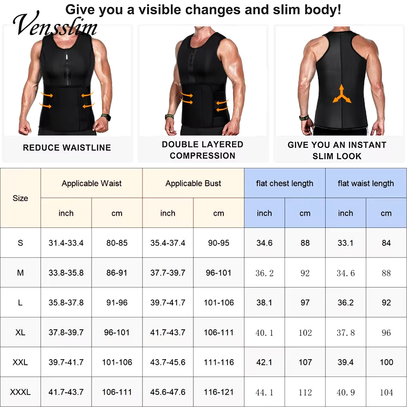 Men's Neoprene Sauna Zipper Waist Trainer Corset Vest for Enhanced Compression and Slimming Effect