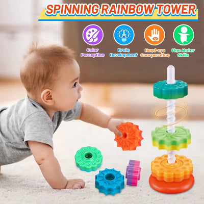 Montessori Rotating Rainbow Tower Stacking Puzzle Toy for Children - Safe and Eco-Friendly Design