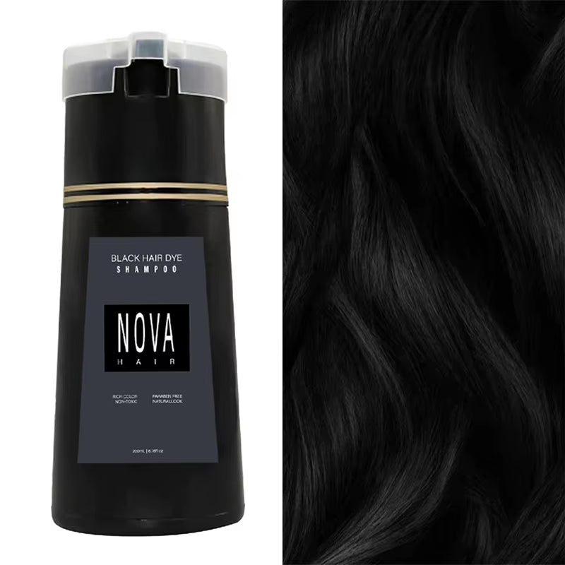 Nova 3-in-1 Plant-Based Hair Dyeing Shampoo for Fast Black Color, Fluffy Texture, and Oil Control - Nourishing Formula for White Hair Care