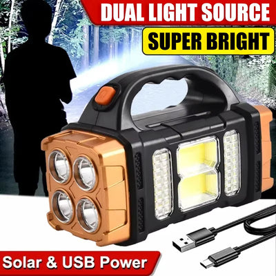 Portable High-Intensity USB Rechargeable Solar LED Flashlight with COB Work Light and Mobile Phone Charging Capability for Camping