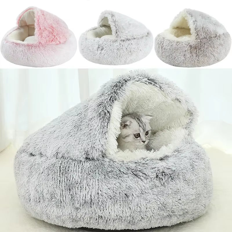 Premium Winter Plush Round Cat Bed and Cushion - 2-in-1 Warm Pet Sleep Bag and Nest for Small Dogs and Cats