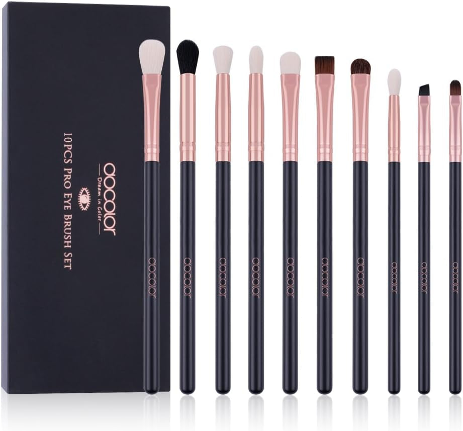 Professional 10-Piece Eyeshadow Brush Set with Eyebrow, Eyeliner, and Concealer Brushes in Gift Box (Black with Rose Gold, Wooden Handles)
