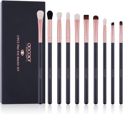 Professional 10-Piece Eyeshadow Brush Set with Eyebrow, Eyeliner, and Concealer Brushes in Gift Box (Black with Rose Gold, Wooden Handles)