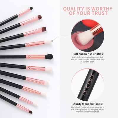 Professional 10-Piece Eyeshadow Brush Set with Eyebrow, Eyeliner, and Concealer Brushes in Gift Box (Black with Rose Gold, Wooden Handles)