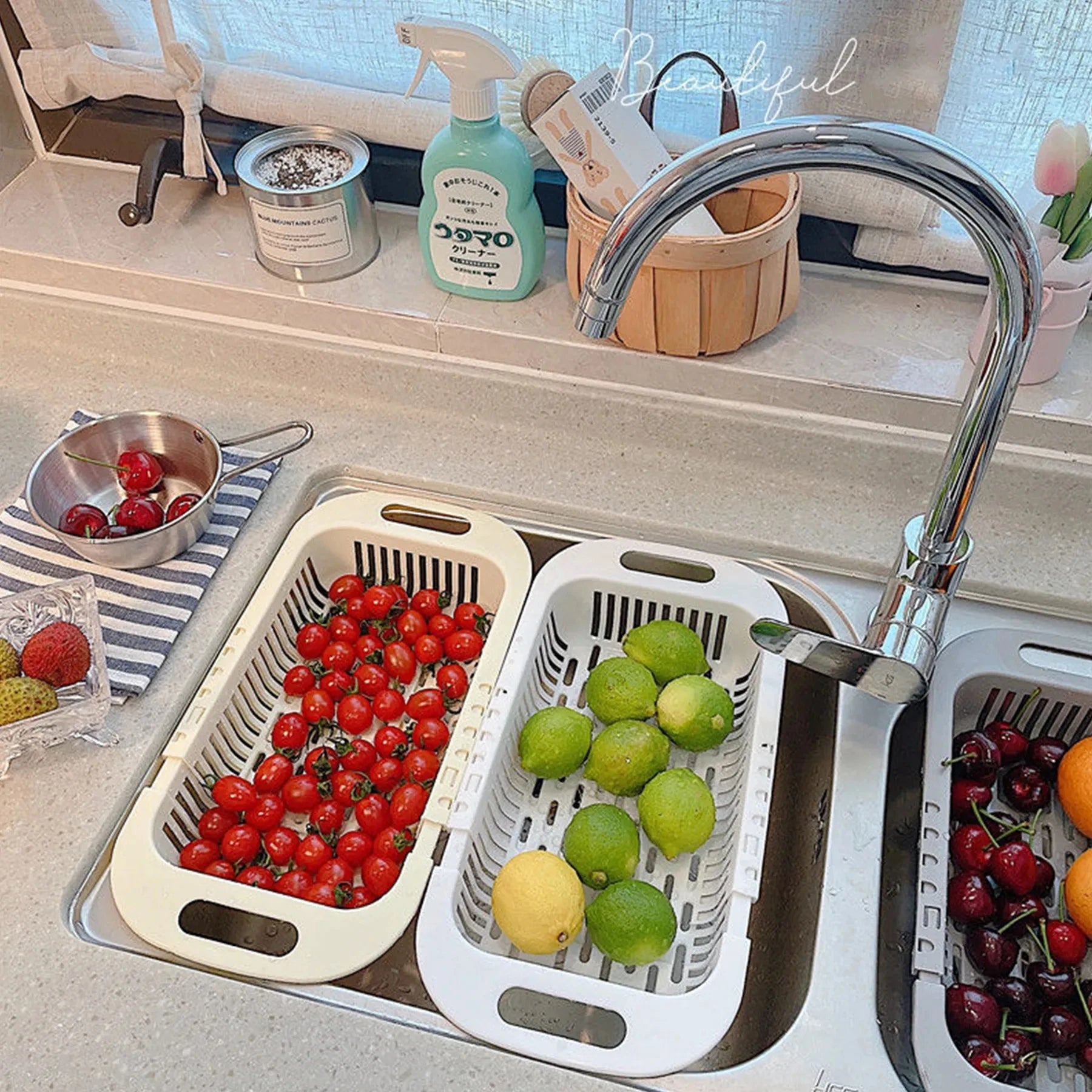 Retractable Kitchen Sink Storage Rack with Drain Basket for Fruits and Vegetables