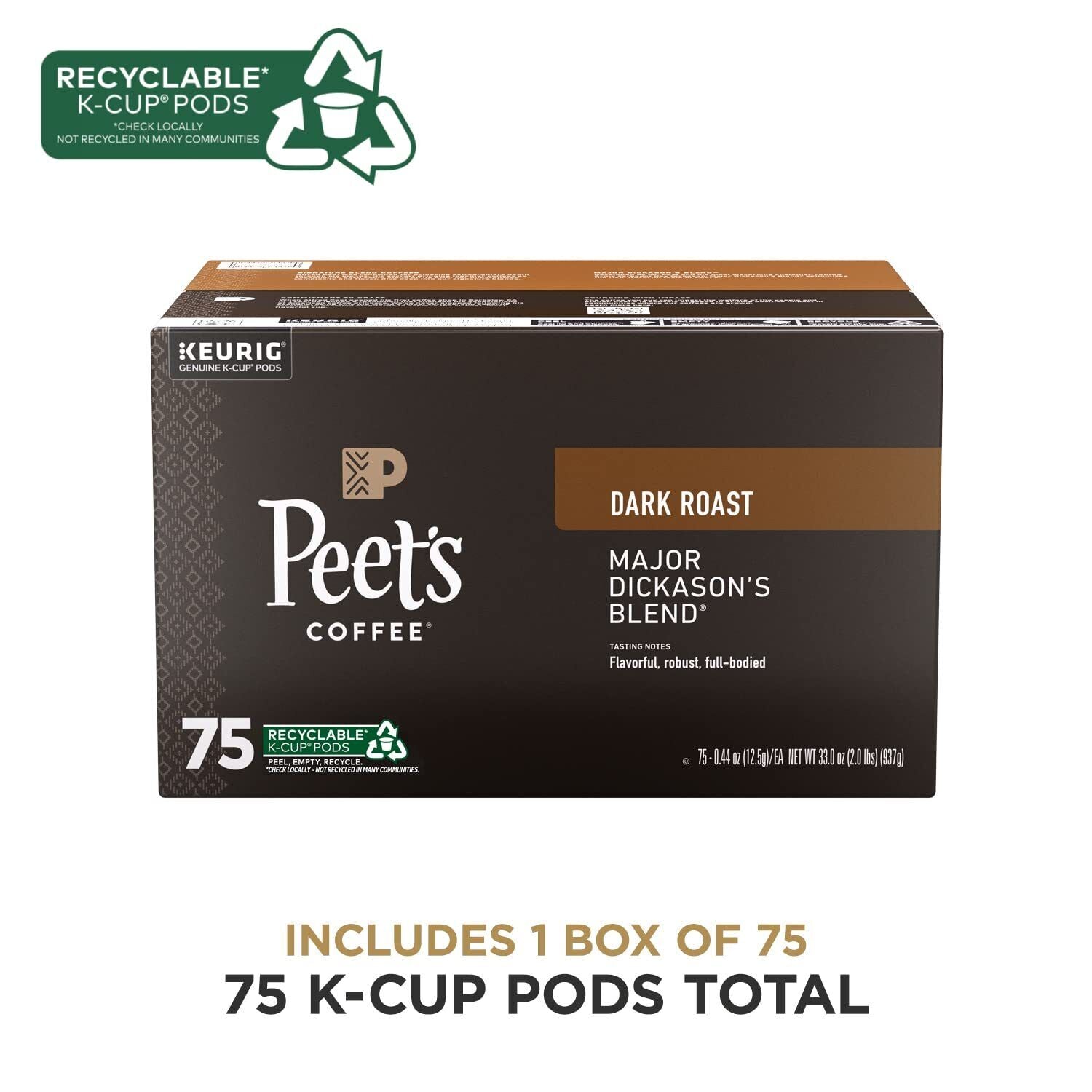 Peet's Coffee, Dark Roast K-Cup Pods for Keurig Brewers - Major Dickason's Blend 75 Count (1 Box of 75 K-Cup Pods) - CommunityRateLLC