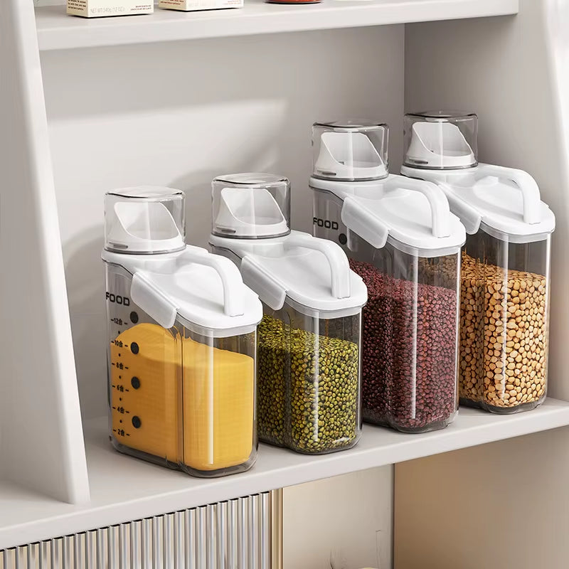 Transparent Portable Plastic Storage Container with Measuring Cup for Kitchen Grains and Rice