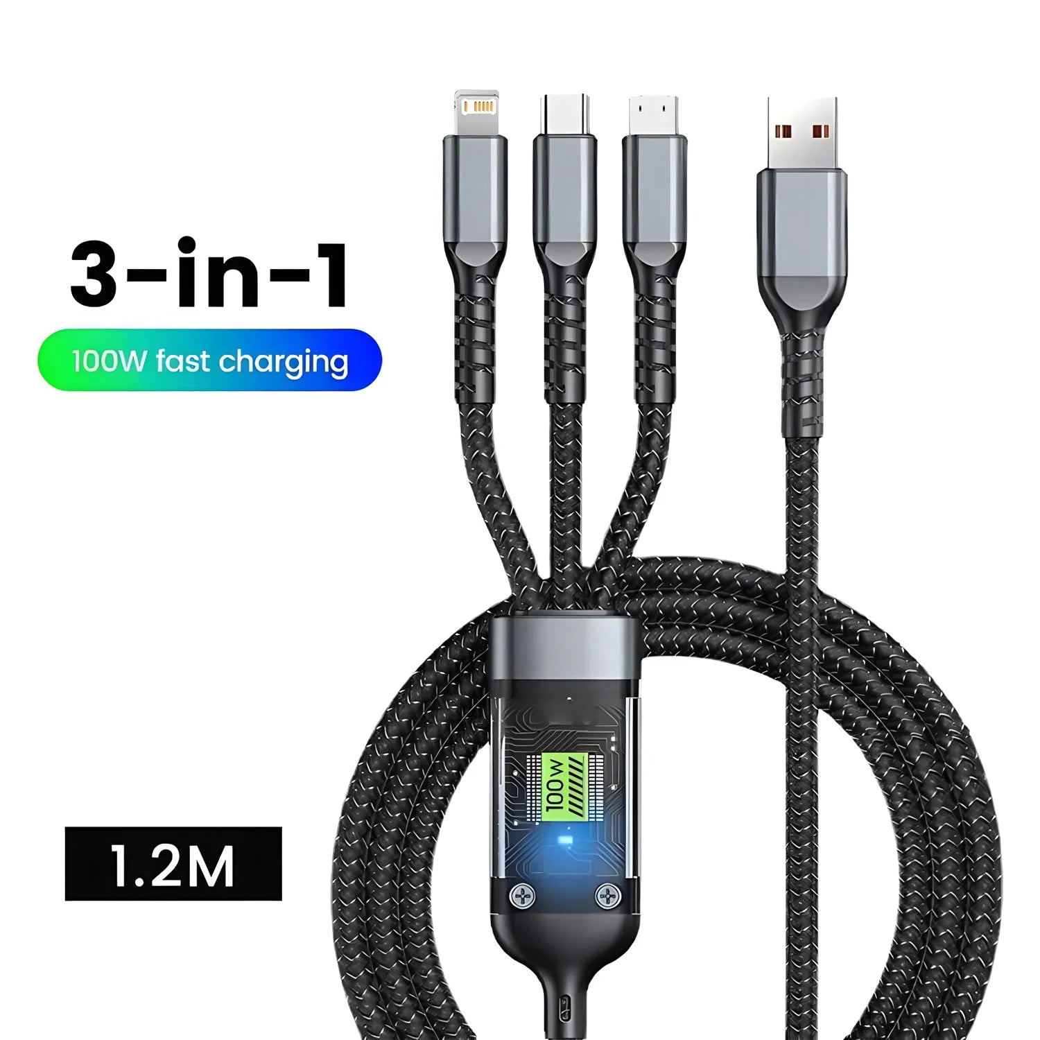 Ultra-Fast 3-in-1 Transparent Luminous Charging Cable for iPhone 15/14/13 - Type-C & Micro Compatibility