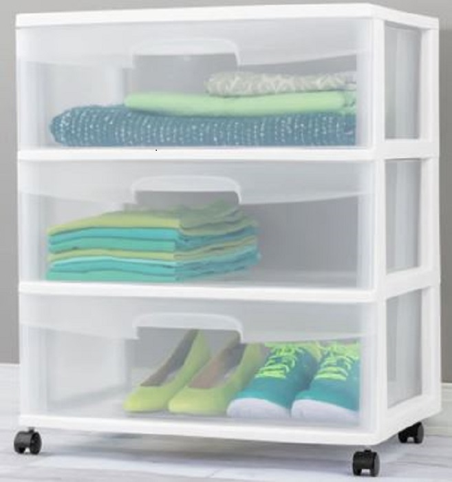 Wide 3 drawer cart with clear plastic drawers and white frame, durable storage organizer with wheels (4-pack).