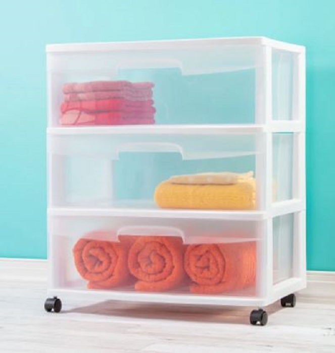 Wide 3 drawer cart with clear plastic drawers and white frame, durable storage organizer with wheels (4-pack).