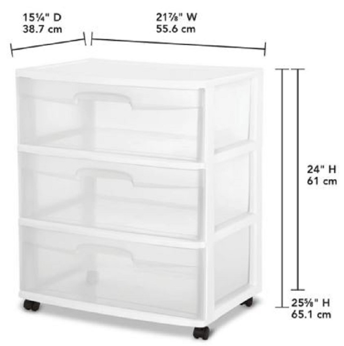 Wide 3 drawer cart with clear plastic drawers and white frame, durable storage organizer with wheels (4-pack).