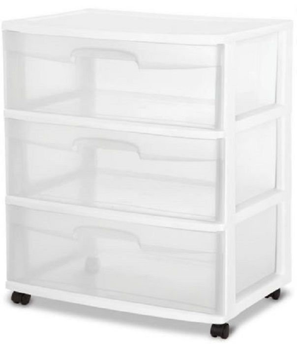 Wide 3 drawer cart with clear plastic drawers and white frame, durable storage organizer with wheels (4-pack).