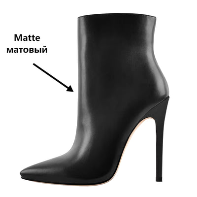 Handmade women's pointed toe ankle booties with 10CM thin high heels and side zipper, available in red and blue colors and extended sizes