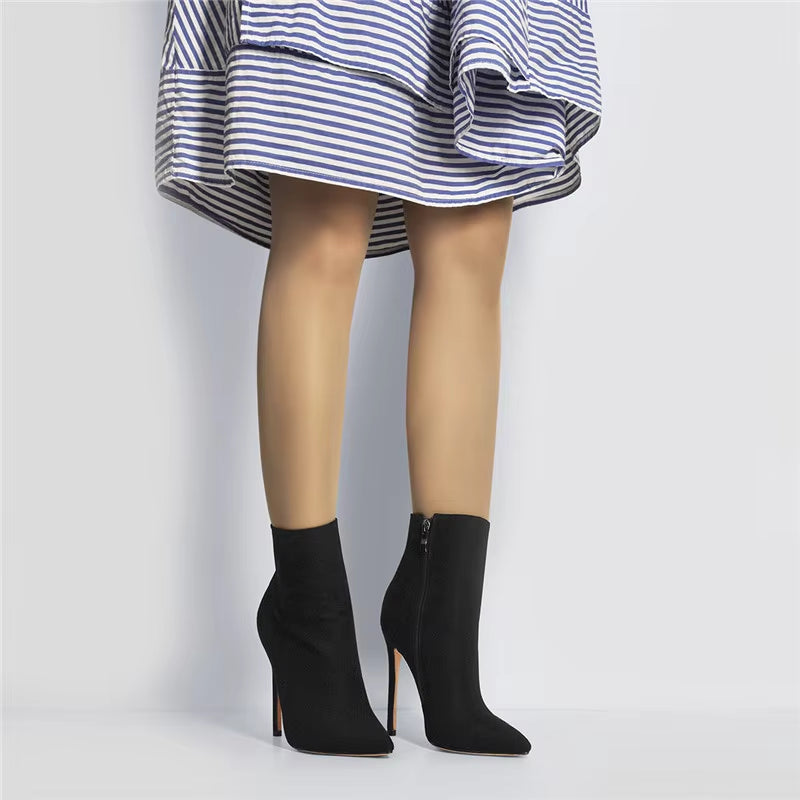 Women's Handmade Pointed Toe 10CM Thin High Heel Ankle Booties with Side Zipper in Red and Blue, Available in Extended Sizes