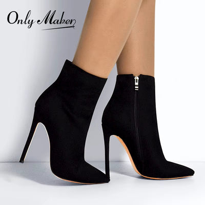 Women's Handmade Pointed Toe 10CM Thin High Heel Ankle Booties with Side Zipper in Red and Blue, Available in Extended Sizes