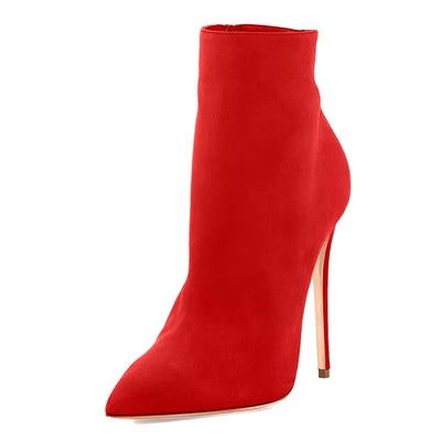 Women's Handmade Pointed Toe 10CM Thin High Heel Ankle Booties with Side Zipper in Red and Blue, Available in Extended Sizes