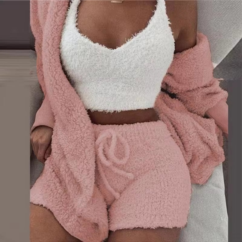 Women's Plus Size Fluffy Pajama Set - Casual Sleepwear with Tank Top, Shorts, and Hoodie - Winter 3-Piece Loungewear